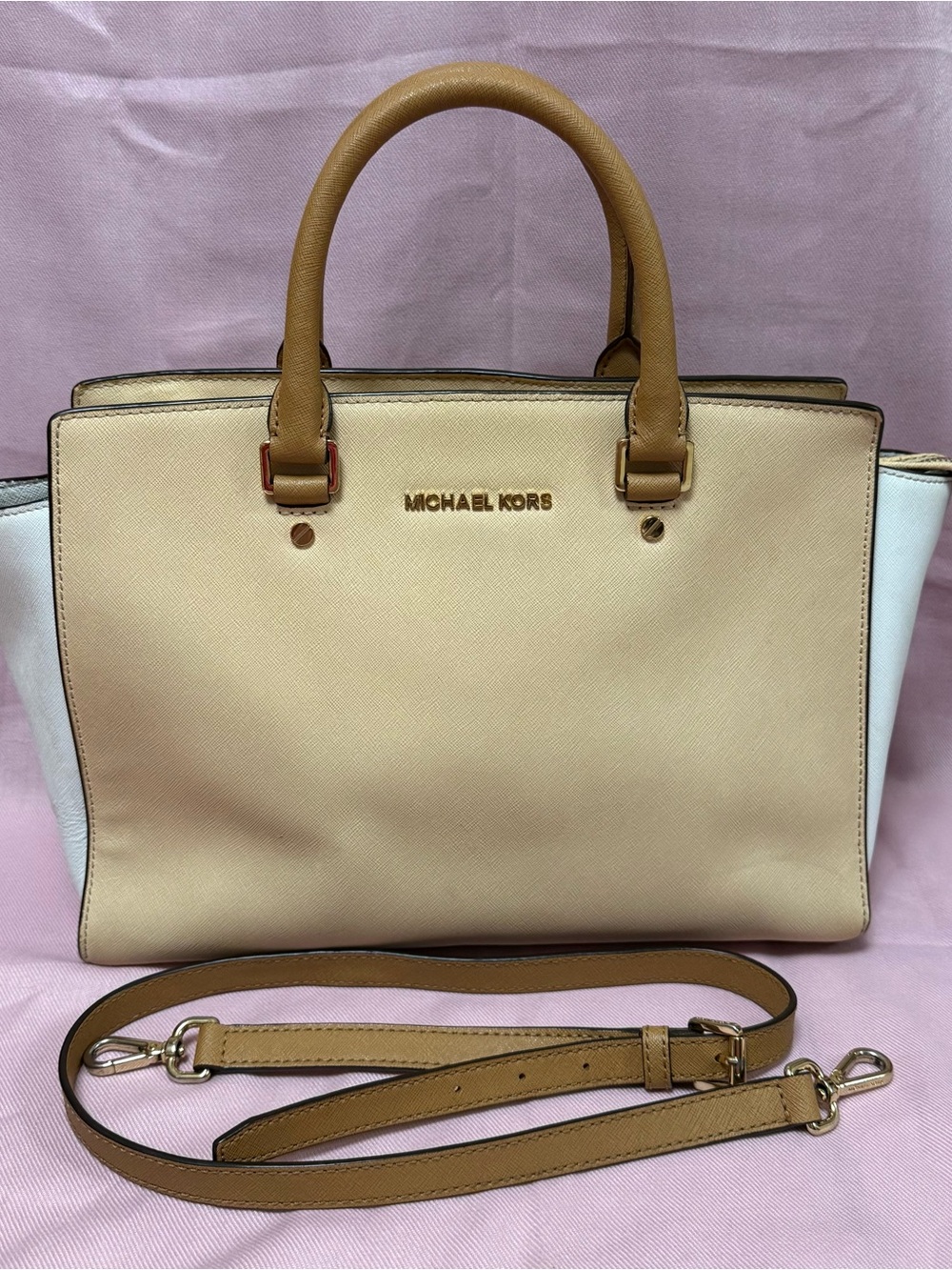 Michael Kors Selma Tan and White Saffiano Leather Satchel